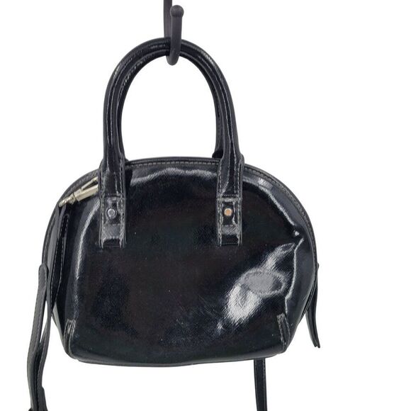 Vtg Black Faux Patent Leather Mini Top Handle Satchel Crossbody Handbag Trendy - Picture 4 of 11